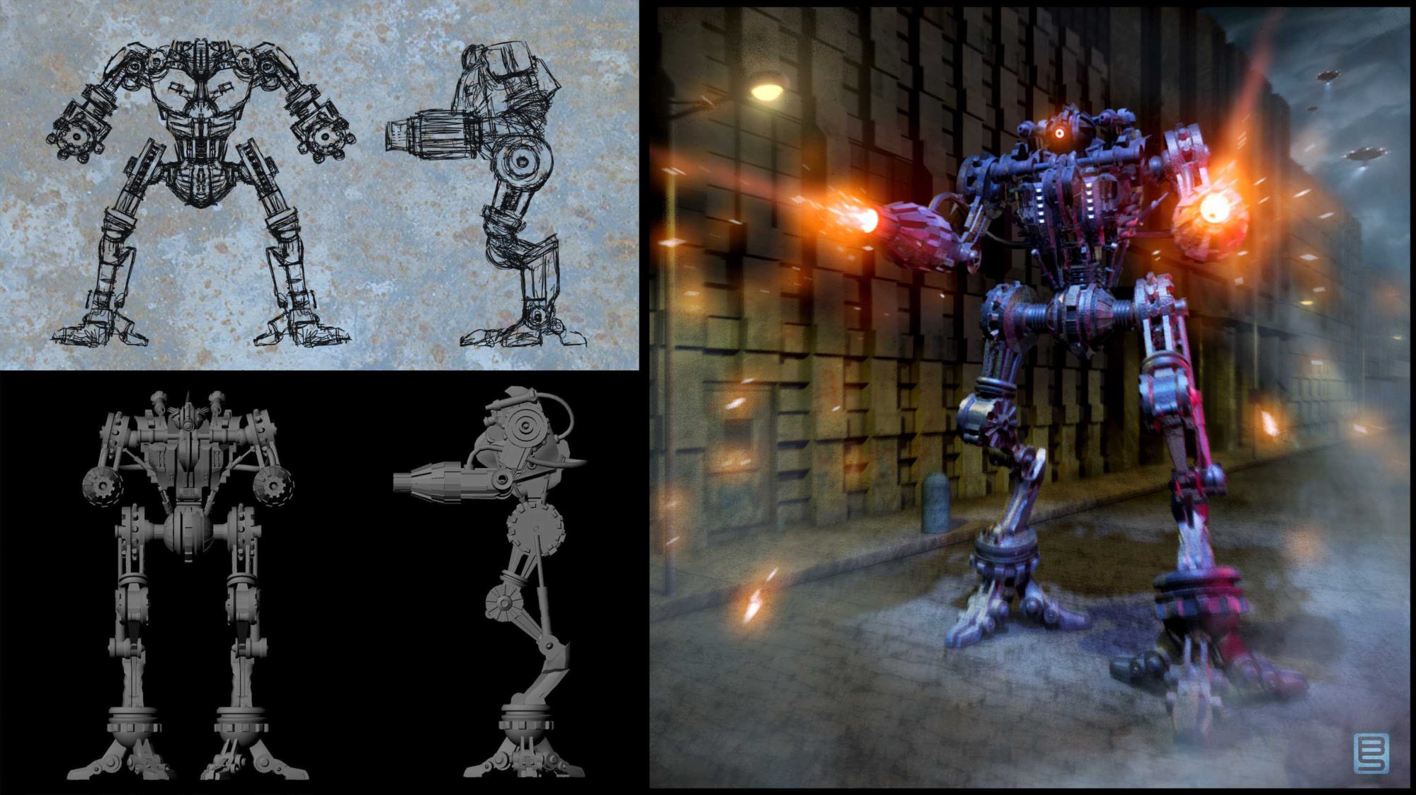 Left Images: Robot ortho sketches and 3D model. Right Image: Final composited design.