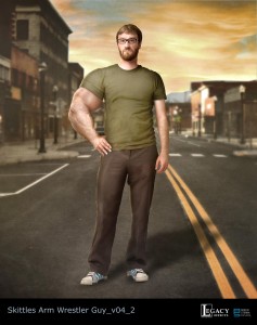 Skittles strong-arm guy design for Superbowl 2015 commercial