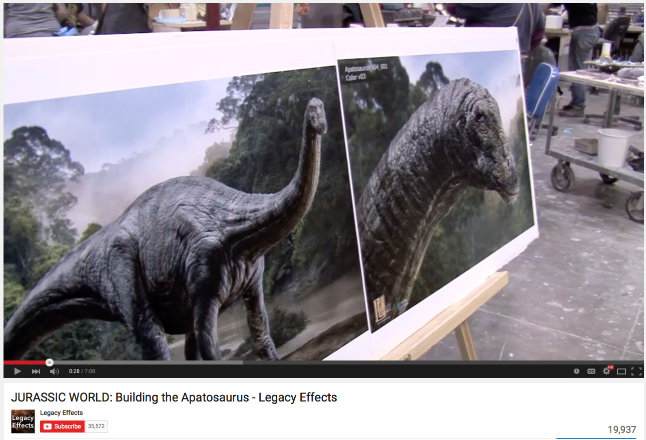 Two of my Apatosaurus concepts shown in the making-of featurette, Jurassic World: Building the Apatosaurus